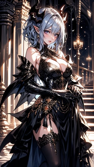 A beautiful girl, sexy clotes, standing, hall background, dark fantasy, comic illustration, masterpiece,  Succubus, a pair Bat Wings and devil horns, Shoulder length short hair,  facing_viewer,