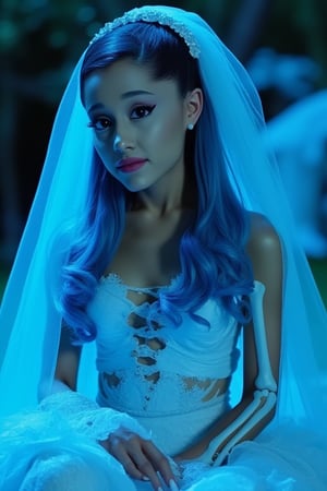 An Ariana Grande, dressed in a white tight fitted ripped wedding dress, ripped white vail, dramatic eyeliner, pale blue skin, dark blue eyeshadow, dead look, Tim Burton, plump lips, perfect face, long dramatic lashes, highly detailed, skeleton arm, corpse, sunken eyes, light blue skin, long blue hair, skeleton ribs. Sitting in the soft blue moonlight




