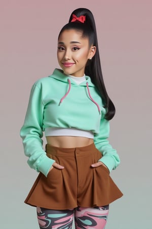 bd dynamic pose, Ariana Grande(arianagrande) modern fashionable girl, high resolution, precise correct anatomy


sexy, and beautiful woman, very accentuated features, perfect body with ideal proportions, perfect eyes with very long eyelashes, juicy lips, perfect smile, sensual makeup, Realism, sensual. wearing mint colored sweatshirt with pink strings. red bow in hair and flared brown mini skirt. black hair in high ponytail with pink and blue candy pieces in hair. striped mint, white and black leggings. with rosey cheeks. in a candy covered forest 