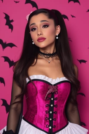 An Ariana Grande, dressed in hot pink corset with white ruffle top with glitter pink bat clip, black mesh long sleeves with white ruffled ends, and white mini skirt fishnet leggings, in pink and black vampire room, black hair with pink highlights in high pigtails with bangs, dramatic eyeliner, pale skin, pink eyeshadow, plump pink lips vampire vangs, pink small heart on cheek, perfect face, long dramatic lashes, highly detailed, silver earrings, vampire, long black and pink platform boots, gothic style, Halloween, bats 