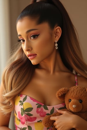 An Ariana Grande (yours truly era) (arianagrande), upper body portrait, young, and beautiful woman, very accentuated features, perfect body with ideal proportions, perfect eyes with very long eyelashes, cute lips, perfect smile, soft makeup, dark brown hair with dyed honey blonde tips, curly hair in half up half down pony tail. Realism,Movie Still,DonMn1ghtm4reXL,ink ,style, UHD, 8K, intricate, highly detailed, perfect volumetric light, epic light, aura,vintage_p_style,GLOWING, wearing a cute floral dress with yellow and pink fruits. holding a brown teddy bear. 2013 era 