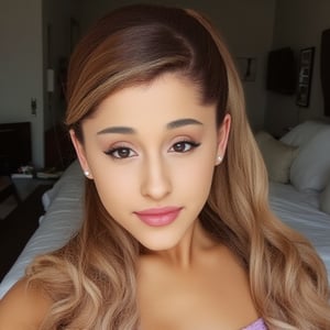 An Ariana Grande (yours truly era) (arianagrande), young, and beautiful woman, very accentuated features, perfect body with ideal proportions, perfect eyes with very long eyelashes, cute lips, perfect smile, soft makeup, dark brown hair with dyed honey blonde tips, curly hair in half up half down pony tail with bangs combed to side. Realism,Movie Still,DonMn1ghtm4reXL,ink ,style, UHD, 8K, intricate, highly detailed, perfect volumetric light, epic light, aura,vintage_p_style,GLOWING, taking a selfie. wearing a pastel purple tank with lace trim 