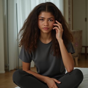 Zendaya, young, and beautiful woman, very accentuated features, perfect body with ideal proportions, perfect eyes, perfect smile, dark brown hair, curly hair. Realism,Movie Still,DonMn1ghtm4reXL,ink ,style, UHD, 8K, intricate, highly detailed, perfect volumetric light, epic light, aura,vintage_p_style,GLOWING, full body movie still, in school hallway, wearing a long grey t shirt and pants. black sneakers, no makeup, tired look, tomboy, long curly hair, sitting on bed smoking a blunt 