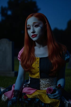 An Ariana Grande dressed In Sally costume from nightmare before Christmas, sitting in graveyard at night, red long hair, closeup, dramatic eyeliner, blue skin, stitches on face, stitched body, stitched short sleeve dress with yellow, pink, black, and blue patches with striped, polka dot, and different patterns stitched together, Tom Burton, dead look, holding dead rose, red lipstick, beautiful face, stitched mouth, wearing black shoes with ruffle socks, eyeshadow, plump lips, perfect face, long lashes. waist up, close up , highly detailed, black stitches, 