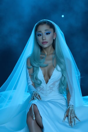 An Ariana Grande, dressed in a white tight fitted ripped wedding dress, ripped white vail, dramatic eyeliner, pale blue skin, dark blue eyeshadow, dead look, Tim Burton, plump lips, perfect face, long dramatic lashes, highly detailed, skeleton arm, corpse, sunken eyes, light blue skin, long blue hair, skeleton ribs. Sitting in the soft blue moonlight




