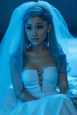 An Ariana Grande, dressed in a white tight fitted ripped wedding dress, ripped white vail, dramatic eyeliner, pale blue skin, dark blue eyeshadow, dead look, Tim Burton, plump lips, perfect face, long dramatic lashes, highly detailed, skeleton arm, corpse, sunken eyes, light blue skin, long blue hair, skeleton ribs. Sitting in the soft blue moonlight




