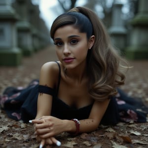 Ariana Grande, young, woman, very accentuated features, perfect body with ideal proportions, perfect eyes, perfect smile, natural look, hair in half up half down curly ponytail, dark brown hair with honey blonde tips, long hair. Realism,Movie Still,DonMn1ghtm4reXL,ink ,style, UHD, 8K, intricate, highly detailed, perfect volumetric light, epic light, aura,vintage_p_style, wearing black gown corset, cinematic, movie still, laying on the ground, with blood on and face,, sitting on the ground in a cemetery. blood splattered, smoking cigarette 