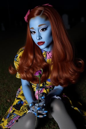 An Ariana Grande dressed In Sally costume from nightmare before Christmas, sitting in graveyard at night, red long hair, closeup, dramatic eyeliner, blue skin, stitches on face, stitched body, stitched short sleeve dress with yellow, pink, black, and blue patches with striped, polka dot, and different patterns stitched together, Tom Burton, dead look, holding dead rose, red lipstick, beautiful face, stitched mouth, wearing black shoes with ruffle socks, eyeshadow, plump lips, perfect face, long lashes. waist up, close up , highly detailed, black stitches, 