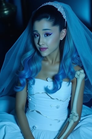 An Ariana Grande, dressed in a white tight fitted ripped wedding dress, ripped white vail, dramatic eyeliner, pale blue skin, dark blue eyeshadow, dead look, Tim Burton, plump lips, perfect face, long dramatic lashes, highly detailed, skeleton arm, corpse, sunken eyes, light blue skin, long blue hair, skeleton ribs. Sitting in the soft blue moonlight




