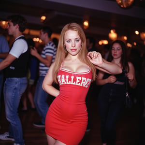 Amateur full-body snapshot of a petite college student in a red cheerleader costume at a Halloween party. 90s flair. From a 90s photoalbum. The image has a spontaneous feel. Her cleavage is clearly visible. Disco lights. Camera flash, Ideal proportions,,MeganFoxFlux