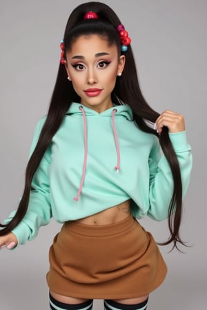 bd dynamic pose, Ariana Grande(arianagrande) modern fashionable girl, high resolution, precise correct anatomy


sexy, and beautiful woman, very accentuated features, perfect body with ideal proportions, perfect eyes with very long eyelashes, juicy lips, perfect smile, sensual makeup, Realism, sensual. wearing mint colored sweatshirt with pink strings. red bow in hair and flared brown mini skirt. black hair in high ponytail with pink and blue candy pieces in hair. striped mint, white and black leggings. with rosey cheeks. in a candy forest  