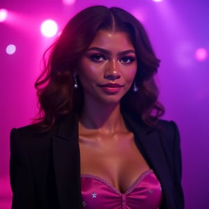 (Zendaya), young, and beautiful woman, with very accentuated features, perfect body with ideal proportions, perfect eyes, perfect smile, no makeup, long dark brown hair. Realism, Movie Still,DonMn1ghtm4reXL,ink ,style, UHD, 8K, intricate, highly detailed, perfect volumetric light, epic light, aura,vintage_p_style, GLOWING, at club, purple and pink lights, wearing magenta corset dress and black blazer and black slacks. Tired look, no makeup, glitter dripping from eyes, crying, stars on cheeks. long curly brown hair, euphoric, flipping camera off 