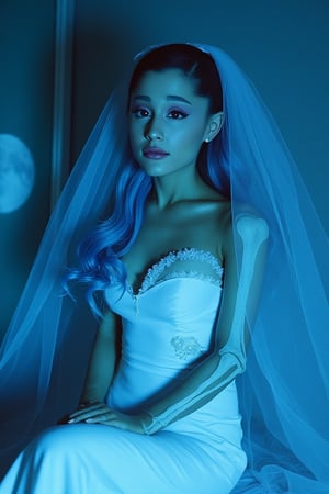 An Ariana Grande, dressed in a white tight fitted ripped wedding dress, ripped white vail, dramatic eyeliner, pale blue skin, dark blue eyeshadow, dead look, Tim Burton, plump lips, perfect face, long dramatic lashes, highly detailed, skeleton arm, corpse, sunken eyes, light blue skin, long blue hair, skeleton ribs. Sitting in the soft blue moonlight




