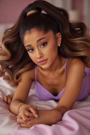 An Ariana Grande (yours truly era) (arianagrande), young, and beautiful woman, very accentuated features, perfect body with ideal proportions, perfect eyes with very long eyelashes, cute lips, perfect smile, soft makeup, dark brown hair with dyed honey blonde tips, curly hair in half up half down pony tail. Realism,Movie Still,DonMn1ghtm4reXL,ink ,style, UHD, 8K, intricate, highly detailed, perfect volumetric light, epic light, aura,vintage_p_style,GLOWING, laying on bed. wearing pastel purple dress 