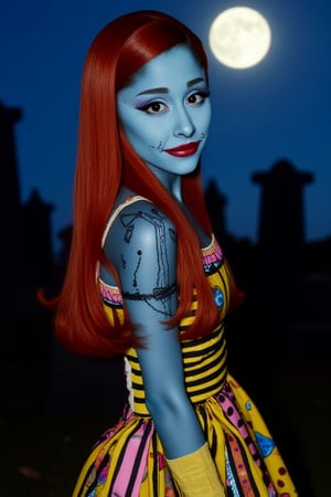 An Ariana Grande dressed In Sally costume from nightmare before Christmas, in graveyard at night lit up by soft moonlight, red long hair, closeup, dramatic eyeliner, blue skin, stitches on face, stitched body, stitched short sleeve dress with yellow, pink, black, and blue patches with striped, polka dot, and different patterns stitched together, Tom Burton, dead look, red lipstick, beautiful face, stitched mouth, wearing black shoes with ruffle socks, eyeshadow, plump lips, perfect face, long lashes. waist up, close up , highly detailed, black stitches, cute pose   