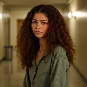 Zendaya, young, and beautiful woman, very accentuated features, perfect body with ideal proportions, perfect eyes, perfect smile, dark brown hair, curly hair. Realism,Movie Still,DonMn1ghtm4reXL,ink ,style, UHD, 8K, intricate, highly detailed, perfect volumetric light, epic light, aura,vintage_p_style,GLOWING, full body movie still, in school hallway, wearing boy clothes.  Tomboy shirt. black sneakers, no makeup, tired look, tomboy, long curly hair, 