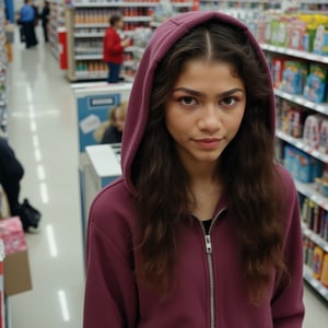 zendaya, store security cam, wearing 90s style pants and sneakers, young, woman, very accentuated features, perfect body with ideal proportions, perfect eyes, perfect smile, no makeup, tired look, natural look, tomboy, dark hair, long wavy hair. Realism,Movie Still,DonMn1ghtm4reXL,ink ,style, UHD, 8K, intricate, highly detailed, perfect volumetric light, epic light, aura,vintage_p_style, wearing maroon or plain jacket hoodie with hood over head, a tomboy. high angle  