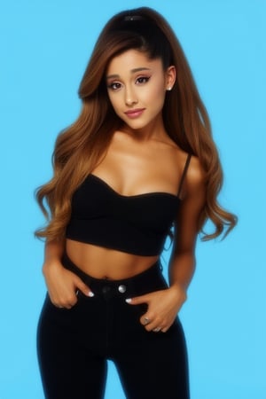 dynamic pose, Ariana Grande(arianagrande) modern fashionable girl, high resolution, precise correct anatomy


sexy, and beautiful woman, very accentuated features, perfect body with ideal proportions, perfect eyes with very long eyelashes, juicy lips, perfect smile, sensual devilish smile, smiling, sensual makeup, sinister,Realism, abstract, ((upper body)), sensual, mysterious, powerful aura, wearing black skinny jeans and black tube top light blue background, cute poses waist up 