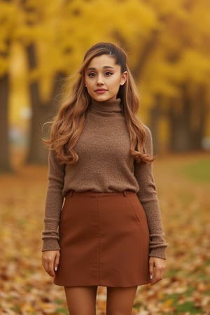 a beautiful young woman wearing brown turtle neck sweater and brown mini skirt fall background 