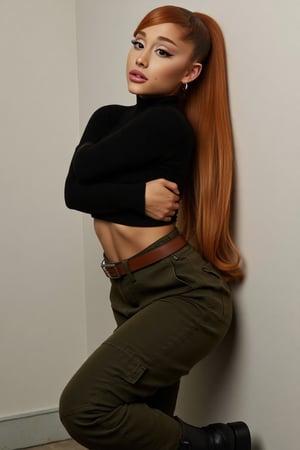 dynamic pose, Ariana Grande(arianagrande) modern fashionable girl, high resolution, precise correct anatomy


sexy, and beautiful woman, very accentuated features, perfect body with ideal proportions, perfect eyes with very long eyelashes, juicy lips,Realism, abstract, ((upper body)), sensual, mysterious, powerful aura. red hair. straight and long. wearing black cropped long sleeved turtle neck. low rise dark green cargo pants and black boots. brown belt ((Upper Body)) high quality. perfect anatomy. ideal proportions. Orange straight hair. Photoshoot. leaning on wall  crossing arms 