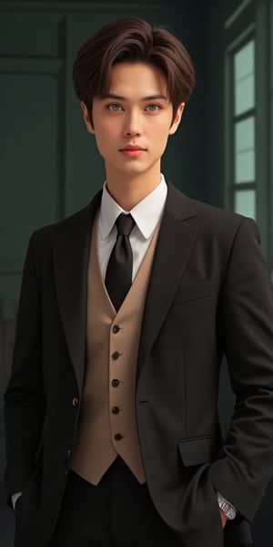 An animated portrait of a young man in a black suit with a white collared shirt and a black tie. The man has dark brown hair and piercing light brown eyes. He is standing with his hands in his pockets. His left hand is resting on his hip. His right wrist has a silver watch on it. His suit coat is black with a light brown vest over it. The backdrop is a dark green wall with windows.