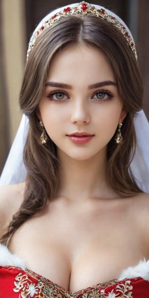 full image, Azur Lane,Beautiful Ukrainian girl,20 years old,A happy expression,Beautiful iris with high precision, light grey eyes,Ukrainian Chirpy,(Big breasts),(Deep cleavage),(long pure Brown hair),smooth hair,
Wearing traditional Ukrainian wedding costumes intricately embroidered with delicate and beautiful patterns, characterized by bright colors and fine needlework, women wear headscarves and headdresses decorated with jewels and beads, adding elegance to their ensembles, earrings, necklaces, bracelets, and other accessories. accessories, red bottoms, and fur boots,Extremely Realistic,Score_9,niji5,aesthetic,perfecteyes,Hot Body, b4b1