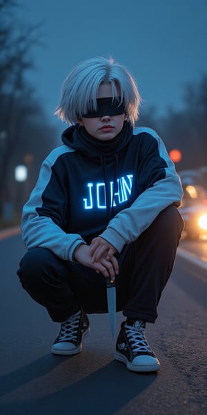 a cartoon character with white hair, a black blindfolds, and a black scarf tied around his neck, is squatting on the road. His hands are clasped in front of his face, and he is wearing a black and white hoodie with the word "JOHN" on the front with neon glow light blue. His sneakers are black with white laces and black laces. His left hand is resting on his knee, while his right hand rests on his hip. His right hand is holding a black handled knife. The background is a dark blue sky, with a faint amount of clouds. To the right of the image, a car can be seen driving down the road, its headlights on.