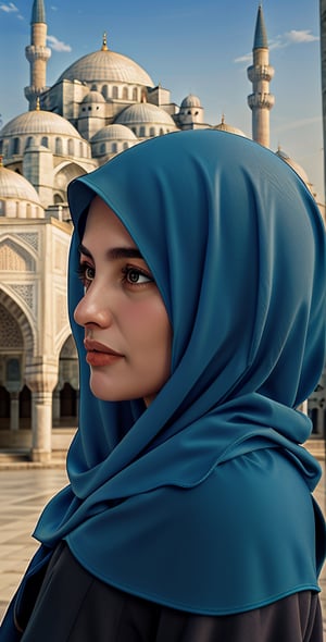 A serene Muslim woman, donning a modest hijab dress, stands humbly before the majestic Blue Mosque of Turkey. Soft,Her tranquil face, with subtle features and soft complexion, is bathed in a warm glow, as intricate domes and minarets tower above, exuding cultural and historical grandeur.