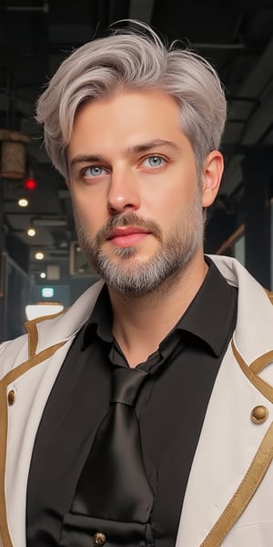 An animated portrait of a young man with light gray short beard and hair and blueish green eyes. He is wearing a black collared shirt with a black tie and a white jacket with gold trim. The jacket has two gold buttons on the front of it. Behind him is a black ceiling with lights on it.