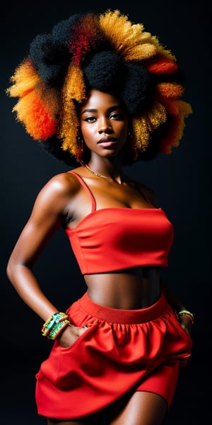 African woman with afro hairstyle dancing, fashion shoot, face only, black background, studio photography, magazine cover, ultra bright colors