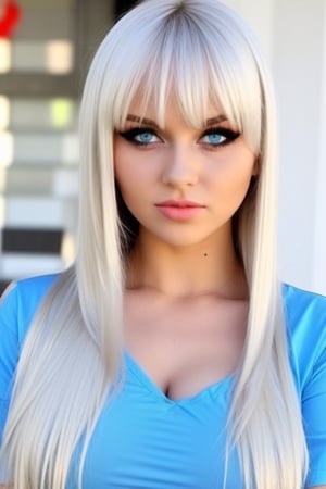 Unparalleled beauty, shiny shiny firm and shiny skin, bangs between eyes, shiny straight beautiful platinum blonde, super long straight silky hair, eyeliner, sexy beautiful innocent 14 years old, high definition big big beautiful bright blue eyes, beautiful and lovely girl, baby face, short sleeve shirt,Ukrainian Women