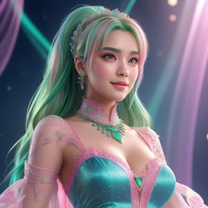 Prompt: (best quality, 4K, 8K, high-resolution, masterpiece) Ultra-detailed, colorful pastel digital art of a beautiful young woman in a full body shot, with detailed facial features, light pink and emerald tones, charming character illustrations, soft focus, intricate design, gentle expression, ethereal atmosphere, vibrant colors, delicate details, artistic elegance, high detail, high resolution.