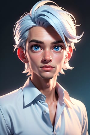 (best quality, 4k, 8k, highres, masterpiece:1.5), ultra-detailed, solo,looking at viewer,short hair,shirt,1boy,ice blue eyes, white shirt,upper body,white hair,male focus,collared shirt,portrait