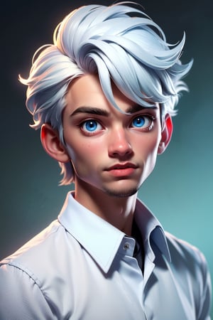 (best quality, 4k, 8k, highres, masterpiece:1.5), ultra-detailed, solo,looking at viewer,short hair,shirt,1boy,ice blue eyes, white shirt,upper body,white hair,male focus,collared shirt,portrait,Portrait