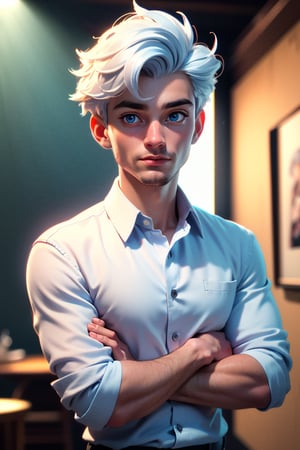 (best quality, 4k, 8k, highres, masterpiece:1.5),full body image, ultra-detailed, solo,looking at viewer,short hair,shirt,1boy,ice blue eyes, white shirt,upper body,white hair,male focus,collared shirt,portrait,Portrait