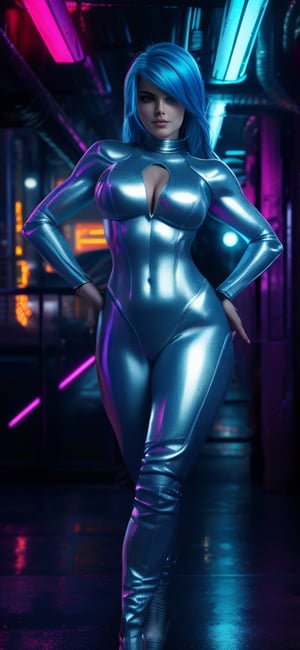 A stylish blue-haired woman, her arms and torso covered in silver metal plates, standing in a dynamic pose, futuristic cyberpunk setting, neon lights casting a vibrant glow, high-contrast lighting, intricate details on the metal plates, urban backdrop, close-up shot highlighting her confident expression and vibrant blue hair.,Blond Girl,Realistic Photo,Beautiful Girl,Attractive,Sexy Body,Mature Body,Mature Face