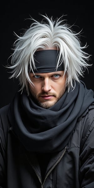 a digital painting of GOJO Saturo a white haired man with piercing ice blue eyes and a black headband. His head is adorned with a thick black scarf, adding a pop of color to the scene. His eyes are a piercing ice blue, while his eyebrows are a lighter shade of blue. His hands are raised in the air, adding texture to the composition. The backdrop is a dark black, creating a striking contrast to the man's face.