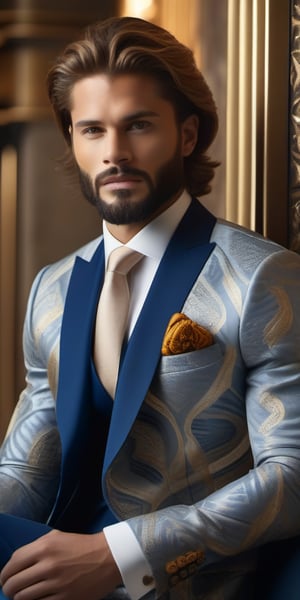 Ultra-realistic close-up portrait of an elegant fashion model with a lion's head, posing confidently against a chic, modern indoor backdrop. The luxurious suit, adorned with intricate patterns, complements the majestic features of the lion's head, while bold accessories add a touch of sophistication. Soft lighting accentuates the textured details of the suit and the regal demeanor of the model, as they strike a pose that exudes confidence and refinement.,Handsome Man