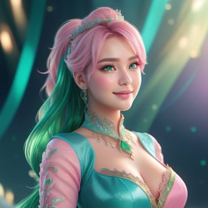 Prompt: (best quality, 4K, 8K, high-resolution, masterpiece) Ultra-detailed, colorful pastel digital art of a beautiful young woman in a full body shot, with detailed facial features, light pink and emerald tones, charming character illustrations, soft focus, intricate design, gentle expression, ethereal atmosphere, vibrant colors, delicate details, artistic elegance, high detail, high resolution.