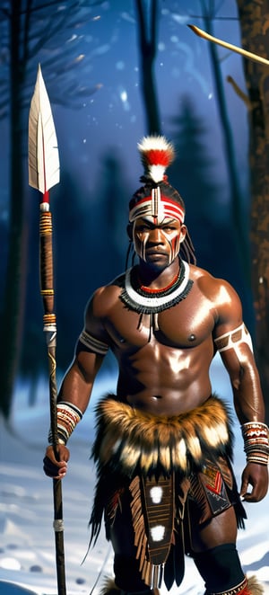 Full Body cinematic shot of an African warrior in a snowy forest at night, preparing for battle, the warrior's face is determined and fierce, adorned with traditional tribal face paint and intricate beadwork, wearing fur and leather clothing suitable for the cold, holding a spear tightly, with snowflakes falling gently around, illuminated by the soft glow of moonlight filtering through the trees, creating a dramatic and intense atmosphere, premium, realistic photography style, trending on ArtStation. dramatic lighting, Realistic Photo,Handsome Man