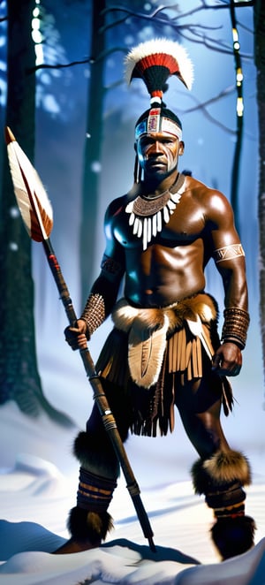 Full Body cinematic shot of an African warrior in a snowy forest at night, preparing for battle, the warrior's face is determined and fierce, adorned with traditional tribal face paint and intricate beadwork, wearing fur and leather clothing suitable for the cold, holding a spear tightly, with snowflakes falling gently around, illuminated by the soft glow of moonlight filtering through the trees, creating a dramatic and intense atmosphere, premium, realistic photography style, trending on ArtStation. dramatic lighting, Realistic Photo,Handsome Man