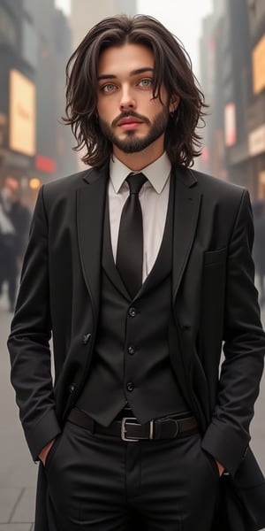 An animated cartoon image of a man with slightly visible beard and short hair,  wearing a black suit with a white collared shirt and a black tie. The man has long dark brown hair and brownish yellow eyes. He is standing with his hands in his pockets. He has a black belt with a silver buckle on it. The background is blurred, but there are two people walking in the distance.