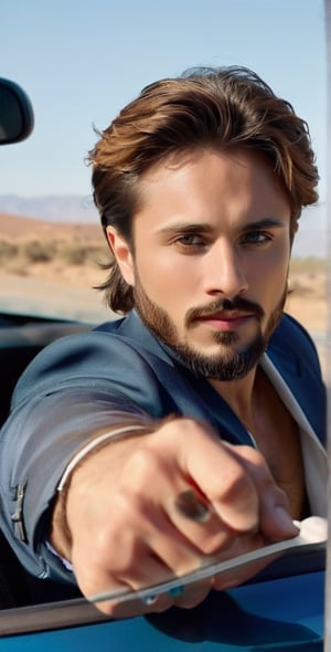 A majestic photograph captures the dashing European man, aged 28, with piercing sapphire blue eyes and radiant complexion, sitting in the driver's seat of a sleek red Ferrari car with open roof on a desert road. Framed by the open roof, his broad face, beard, and short chest hair exude charm as he drives at high speed. His light brown hair ruffles in the wind, and his bright, long-lashed eyes sparkle with a calm smile. He wears a white shirt under a blue jeans jacket, showcasing his athletic physique. The car's logo gleams in the sunlight, casting a warm glow on his features. A tattoo of a lion adorns his arm, adding to his rugged charm. With intricate details, perfect focus, and supreme resolution, this photorealistic masterpiece captures every nuance of its subject.