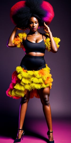 African woman with afro hairstyle dancing, fashion shoot, face only, black background, studio photography, magazine cover, ultra bright colors