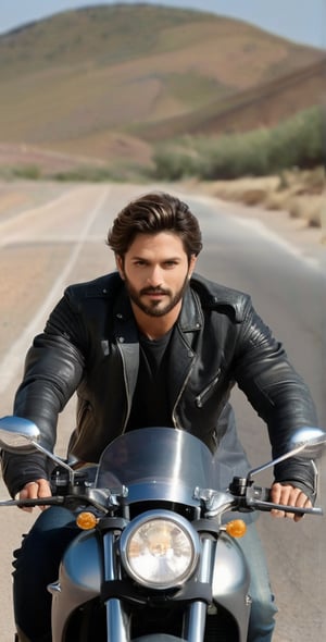 Imagine the following scene:

Photograph of a handsome man riding a motorcycle. Full body shot. Front shot.

Ride a motorcycle on a road in the middle of the desert. It is day. The motorcycle is a racing, futuristic and beautiful motorcycle.

The man is wearing a black leather jacket. Jean. Black knee-high boots.

The man is from Middle east. 30 years old, short hair. very light and bright eyes, big eyes, long eyelashes, blush. athletic body.

Driving a motorcycle, the hair moves due to speed, moving image. Smile 

(photorealistic), masterpiece: 1.5, beautiful lighting, best quality, beautiful lighting, realistic and natural image, intricate details, all in sharp focus, perfect focus, photography, masterpiece, meticulous nuances, supreme resolution, 32K, ultra-sharp, Superior quality, realistic and complex details, perfect proportions, perfect hands, perfect feet.,Handsome Man