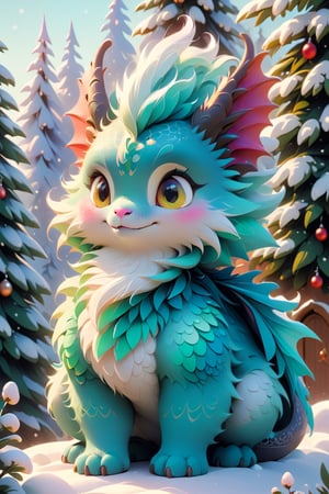 (fluffy cute dragon:1.2) (fluffy colored creatures:1.5). Fiction, unreality, science fiction, fantasy. Vertical almond-shaped eyes, perfectly symmetrical.  Choose the background, winter, snow, Christmas, Christmas trees that will complement your character, creating a cinematic masterpiece with high realism and first-class image quality. 
,colorful,Xxmix_Catecat