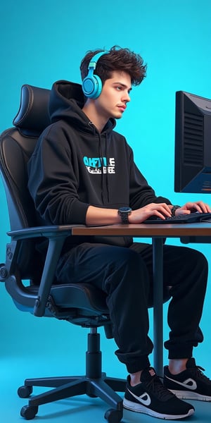 a cartoon young man dressed in a black hooded sweatshirt, black pants, and black tennis shoes is seated on a black swivel chair. He is wearing a pair of blue headphones on his head, and his left hand is resting on the keyboard of the computer. His right wrist is adorned with a black watch, and a black bracelet. His left wrist is wrapped around his right wrist. The backdrop is a vibrant blue, adding a pop of color to the scene.,citypunk