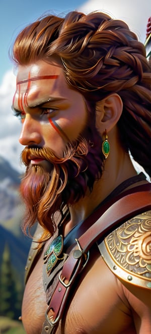 Full Body, Side Profile, oil painting, fantasy, a human man with Long braided Dark Red hair and long dark red beard tied with light green eyes, ((handsome detailed face and eyes)), Barrel chested Warrior wearing brown leather adventurer's clothing, Slight knowing smile, intricate hyper detailed hair, intricate hyper detailed eyelashes, intricate hyper detailed shining pupils #3238, UHD, hd , 8k eyes, detailed face, big anime dreamy eyes, 8k eyes, intricate details, insanely detailed, masterpiece, cinematic lighting, 8k, complementary colors, golden ratio, octane render, volumetric lighting, unreal 5, artwork, concept art, cover, top model, light on hair colorful glamourous hyperdetailed, ultra-fine details, intricate detailed mountain top background, hyper-focused, deep colors, dramatic lighting, Realistic Photo,Handsome Man