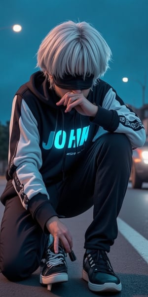 a cartoon character with white hair, a black blindfolds, and a black scarf tied around his neck, is squatting on the road. His hands are clasped in front of his face, and he is wearing a black and white hoodie with the word "JOHN" on the front with neon glow light blue. His sneakers are black with white laces and black laces. His left hand is resting on his knee, while his right hand rests on his hip. His right hand is holding a black handled knife. The background is a dark blue sky, with a faint amount of clouds. To the right of the image, a car can be seen driving down the road, its headlights on.