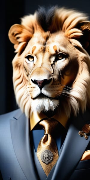 Ultra-realistic, hyper-detailed, and very sharp photographic close-up portrait of an elegant fashion model with a lion head, hybrid human posing gracefully for a fashion show. The model wears a luxurious, tailored suit with intricate patterns, paired with bold accessories including a statement necklace and cufflinks. The sophisticated indoor background features a modern, chic design that complements the outfit's elegance. Soft, refined lighting highlights the detailed textures of the suit and the majestic features of the lion's head. The focus is on the model's poised, regal demeanor and the harmonious blend of human and animal features.,Funny